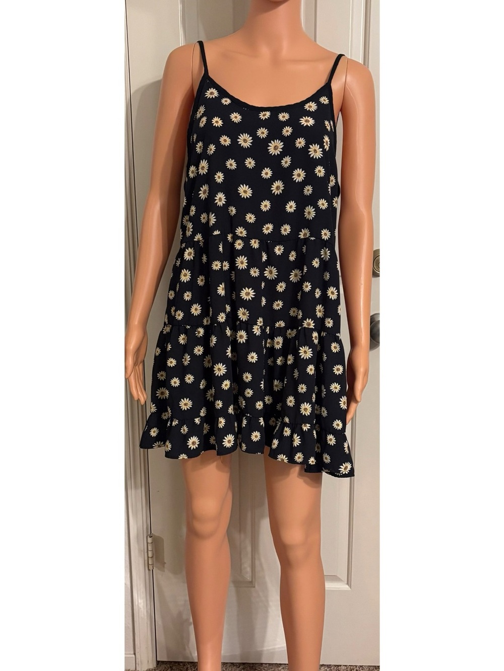 Black Daisy Print Mini Sundress with Spaghetti Straps